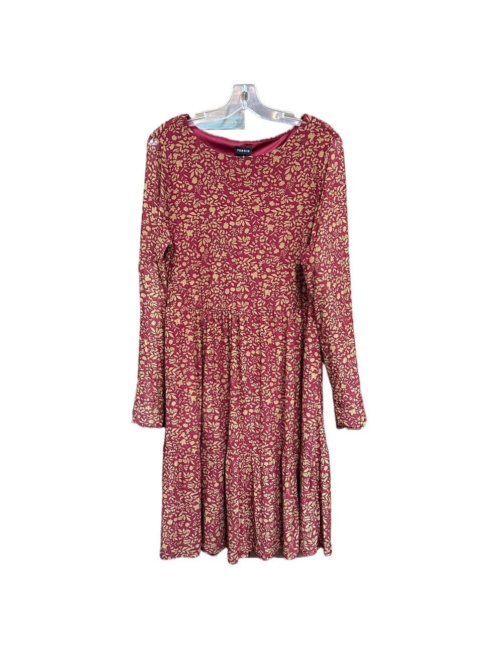 Torrid 1 red tan dress leaf print long sleeve mesh dress lined round neck 14 16